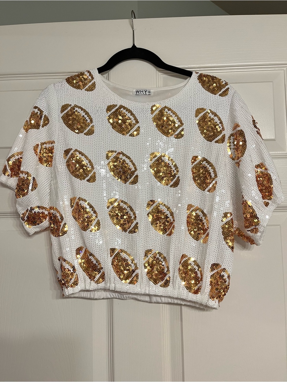 WHY White Sequin Football-Print Short Sleeve Blouse